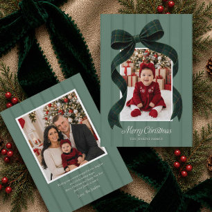 Green Plaid Bow 2 Photo Christmas Holiday Card