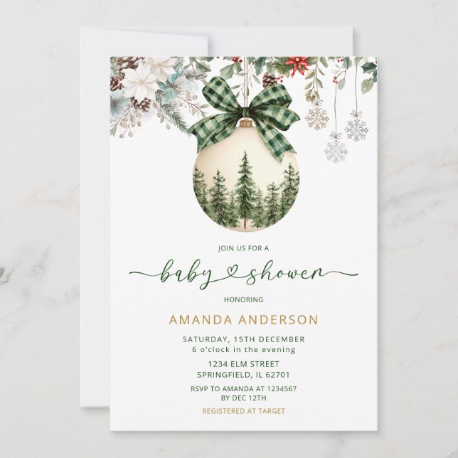 Green Plaid Bow Floral Winter Ornament Baby Shower Invitation (Front)