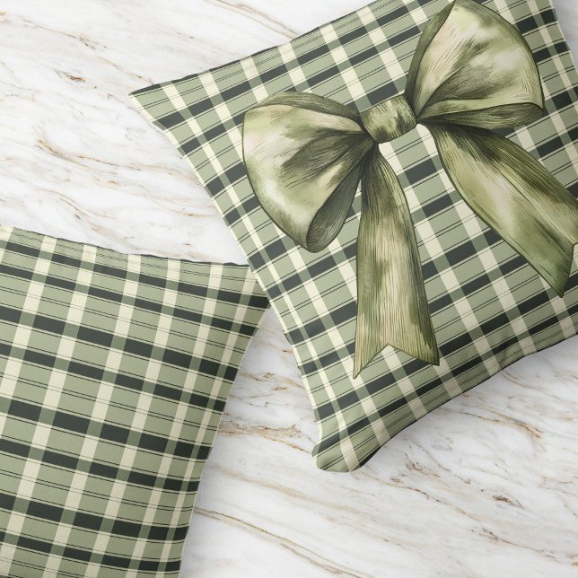 Green Plaid Bow Modern Rustic Farmhouse Olive Cushion (Green Plaid Bow Modern Rustic Farmhouse Olive Throw Pillow)