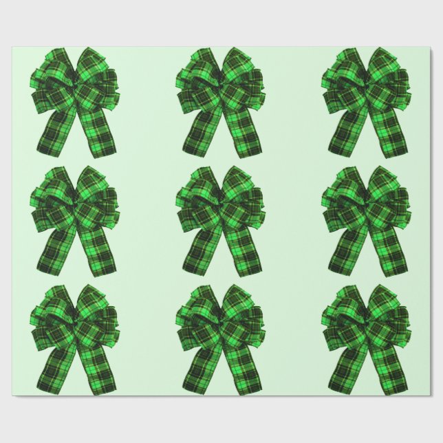 Green Plaid Bows Wrapping Paper (Flat)