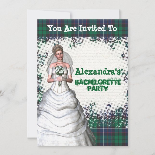 Green plaid bride personalised bachelorette party invitation (Front)