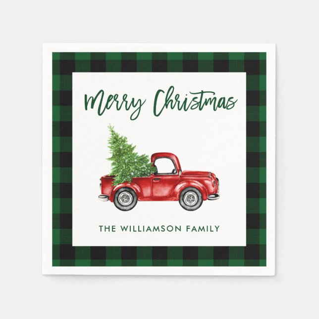 Green Plaid Brush Script Christmas Vintage Truck Napkin (Front)