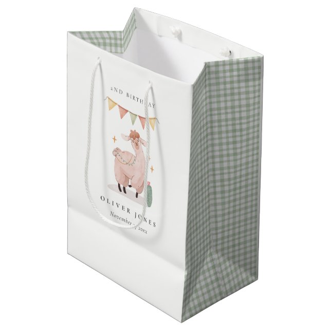 Green Plaid Cactus Boho Llama Any Age Birthday Medium Gift Bag (Front Angled)
