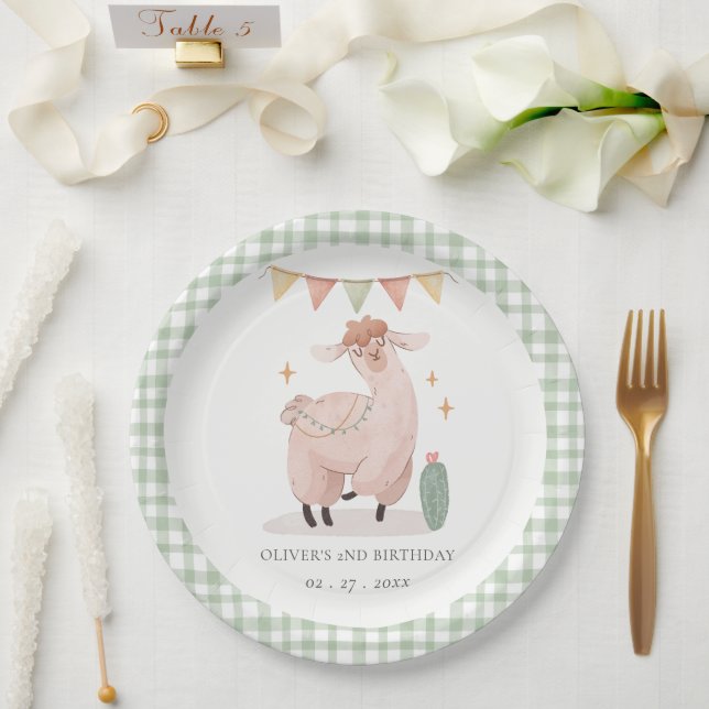 Green Plaid Cactus Boho Llama Any Age Birthday Paper Plate (Wedding)