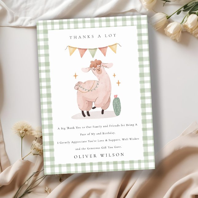 Green Plaid Cactus Boho Llama Any Age Birthday Thank You Card (Creator Uploaded)