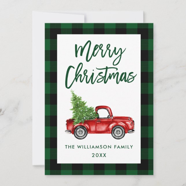 Green Plaid Christmas Brush Script Vintage Truck Holiday Card (Front)