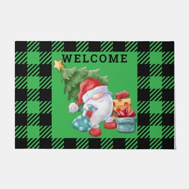 Green Plaid Christmas Gnome Doormat (Front)
