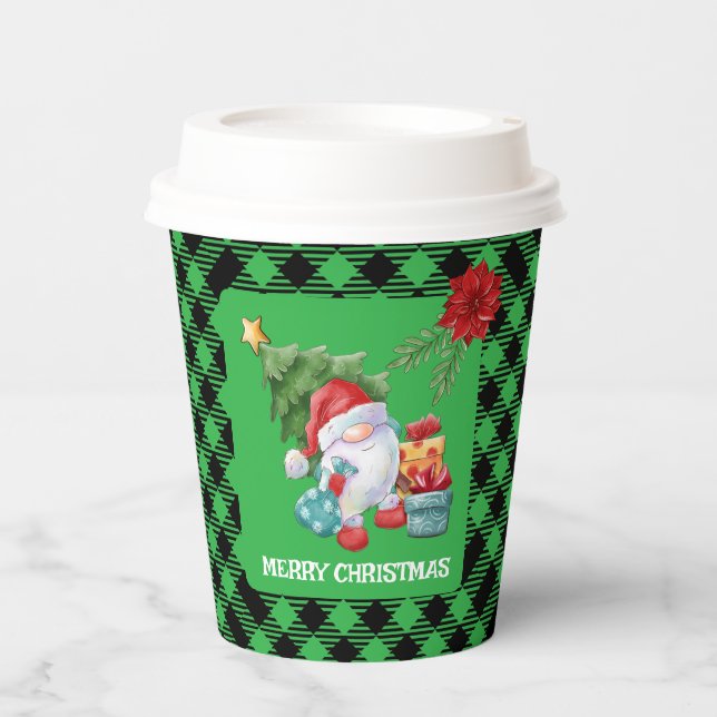 Green Plaid Christmas Gnome Paper Cups (Front)