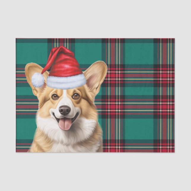 Green Plaid Christmas Pembroke Welsh Corgi Dog Tissue Paper (Front)