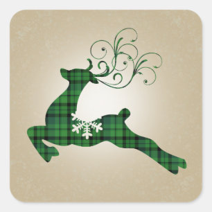 Green Plaid Christmas Reindeer Square Sticker