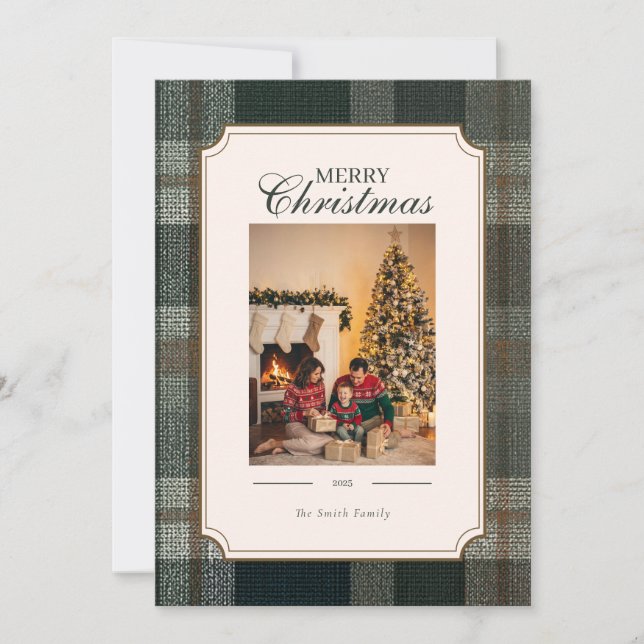 Green Plaid Christmas Three Photo Holiday Card (Front)