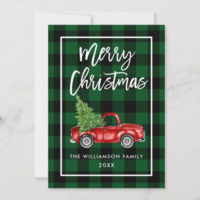 Green Plaid Christmas Vintage Truck Brush Script Holiday Card (Front)