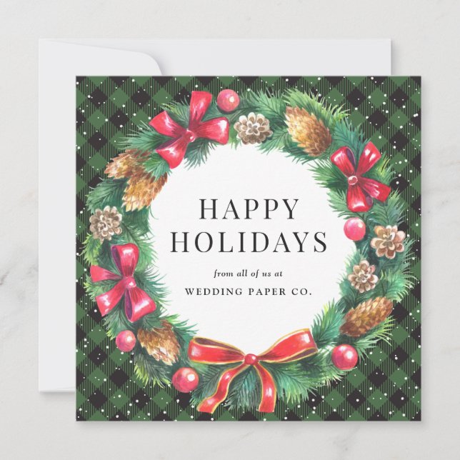 Green Plaid Christmas Wreath Snow Corporate Holiday Card (Front)