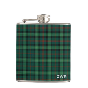 Green Plaid Clan Ross Hunting Tartan Monogram Hip Flask
