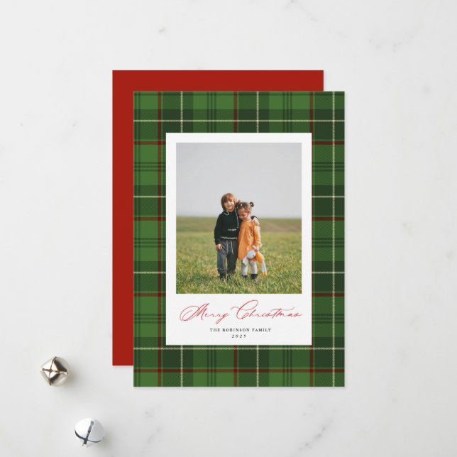Green Plaid Classic Christmas Holiday Photo Card (Front/Back In Situ)