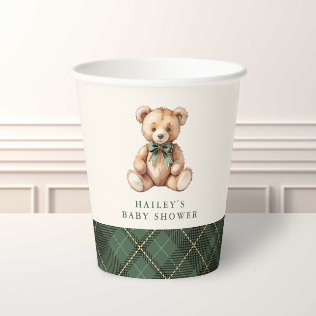 Green Plaid Classic Teddy Bear Baby Shower Paper Cups (Creator Uploaded)