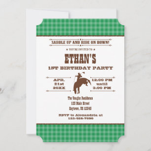 Green Plaid Cowboy Rodeo Birthday Invitation
