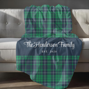 Green Plaid Custom Family Name Fleece Blanket