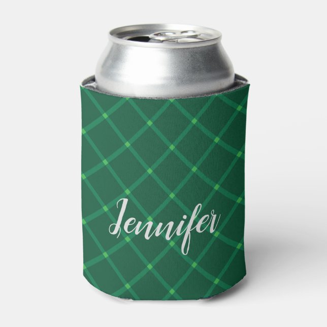 Green plaid custom name traditional design can cooler (Can Front)