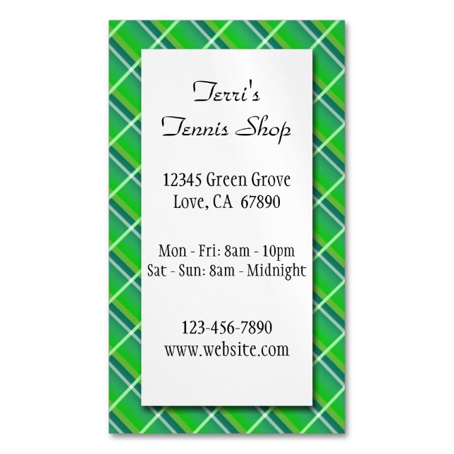 Green Plaid Custom Small Business Magnetic Card (Front Vertical)
