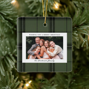 Green Plaid Custom Two Horizontal Photo Christmas Ceramic Ornament
