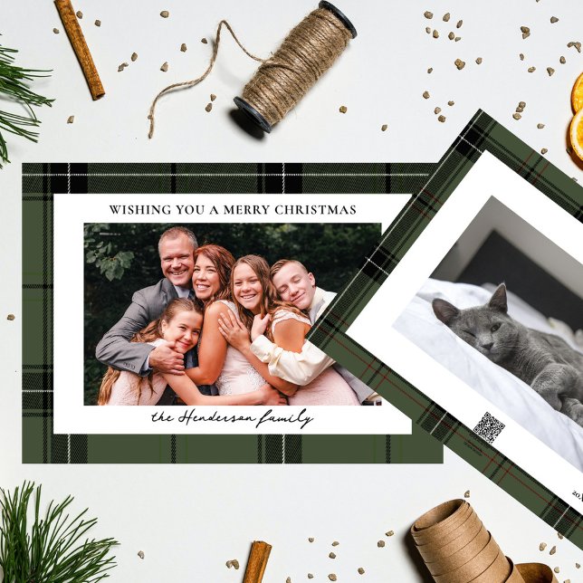 Green Plaid Custom Two Horizontal Photo Christmas  Holiday Card (Creator Uploaded)