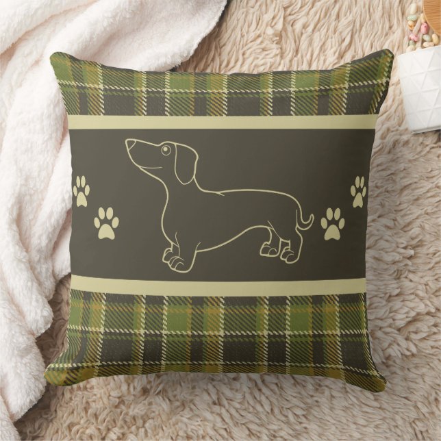 Green Plaid Dachshund Throw Pillow (Blanket)