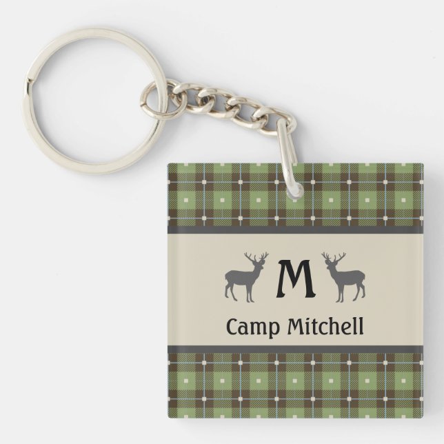 Green Plaid Deer Cabin Key Ring (Front)