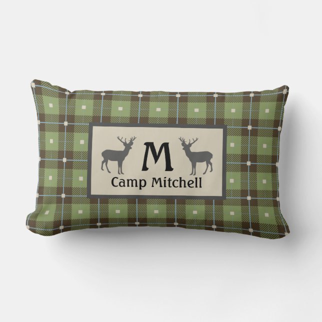Green Plaid Deer Cabin Lumbar Cushion (Front)