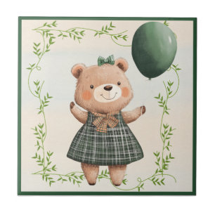 Green Plaid Dress Bear with Hair Bow Ceramic Tile