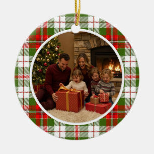 Green Plaid Family Christmas Ceramic Ornament