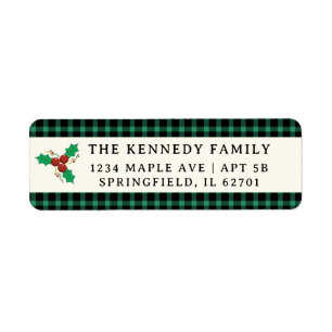 Green Plaid Family Name Christmas Holiday Holly Return Address Label