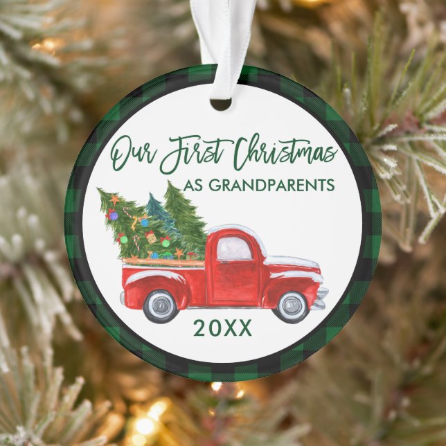 Green Plaid First Christmas as Grandparents Truck Ornament (Tree)