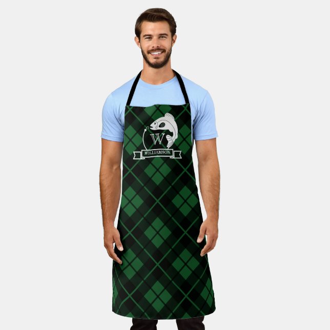 Green Plaid Fish & Hook Monogram Apron (Worn)