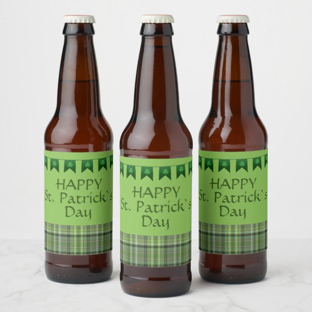 Green Plaid Flags Happy St Patrick`s Day  Beer Bottle Label (Bottles)