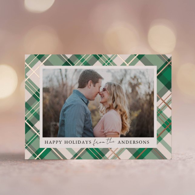 Green Plaid Frame Christmas Real Foil Photo Foil Holiday Card (Creator Uploaded)