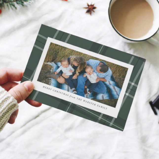 Green plaid frame one photo holiday card (Creator Uploaded)