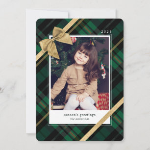 Green Plaid Gift Wrapped & Gold Bow Present Photo Holiday Card