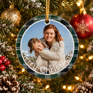 Green Plaid Gingham Family Photo Merry Christmas Ceramic Ornament