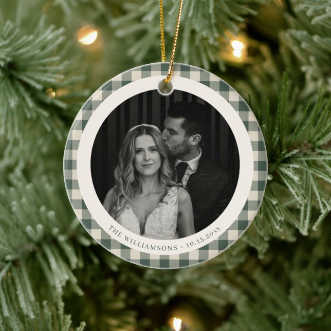 Green Plaid Gingham Wedding Photo Holiday Keepsake Ceramic Ornament (Tree)