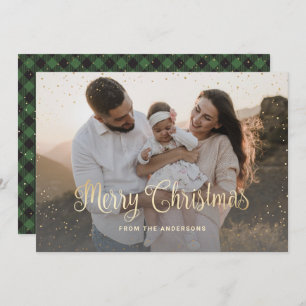 Green  Plaid Gold Foil Photo Christmas Cards
