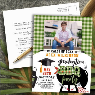 Green Plaid Graduation BBQ Party Photo Invitation Postcard