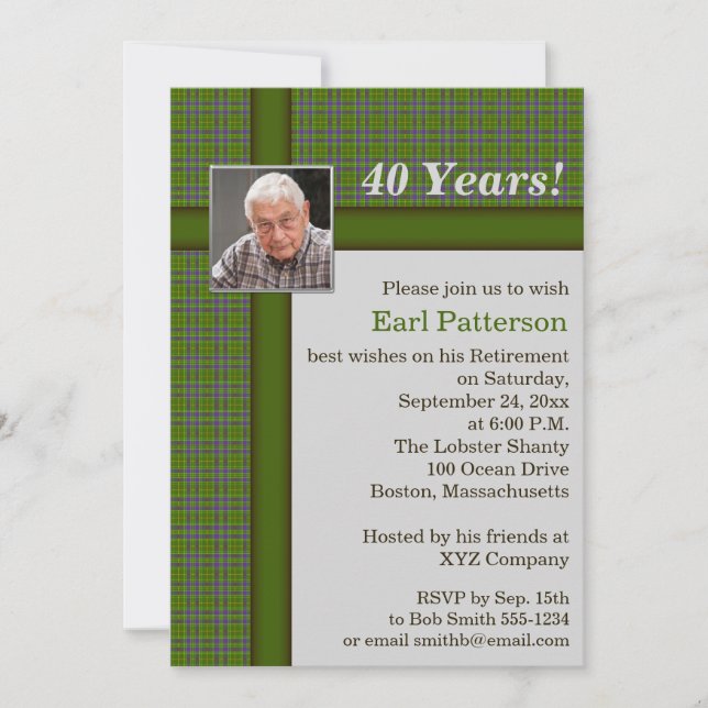 Green Plaid, Grey and Brown Retirement Invitation (Front)