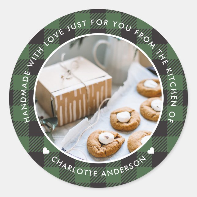 Green Plaid Handmade with Love Christmas Photo Classic Round Sticker (Front)
