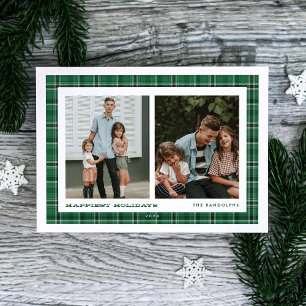 Green Plaid Happiest Holidays Double Photo Holiday Card