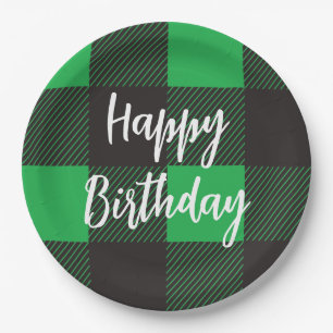 Green Plaid Happy Birthday Paper Plate