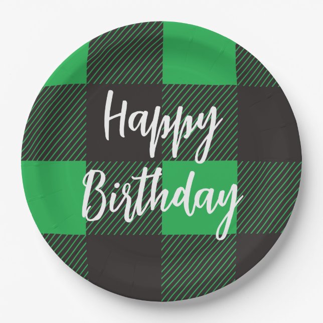 Green Plaid Happy Birthday Paper Plate (Front)