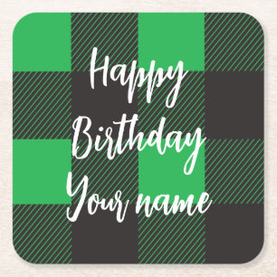 Green Plaid Happy Birthday Square Paper Coaster