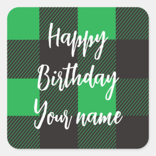 Green Plaid Happy Birthday Square Sticker