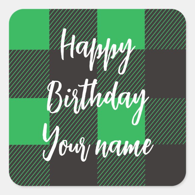 Green Plaid Happy Birthday Square Sticker (Front)
